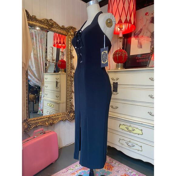 vintage 1990s halter neck black bandage dress lace up karen lucas hourglass body - Picture 8 of 10